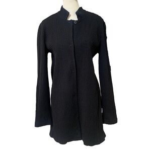Eileen Fisher Black Waffle Knit Front Button Up Stand Collar Long Sleeve Jacket
